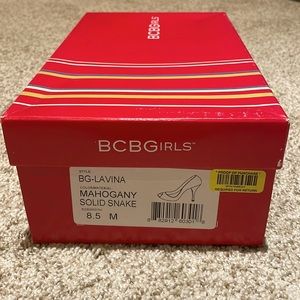 BCBGirls Laguna open toe pumps in Mahogany color and solid snake print